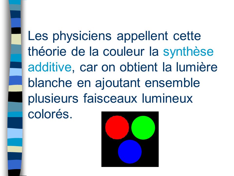 Les physiciens appellent cette théorie de la couleur la synthèse additive, car on obtient la lumière blanche en ajoutant ensemble plusieurs faisceaux lumineux colorés.