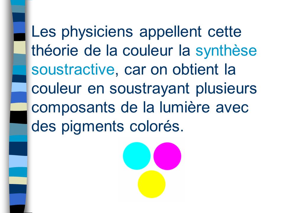 Les physiciens appellent cette théorie de la couleur la synthèse soustractive, car on obtient la couleur en soustrayant plusieurs composants de la lumière avec des pigments colorés.
