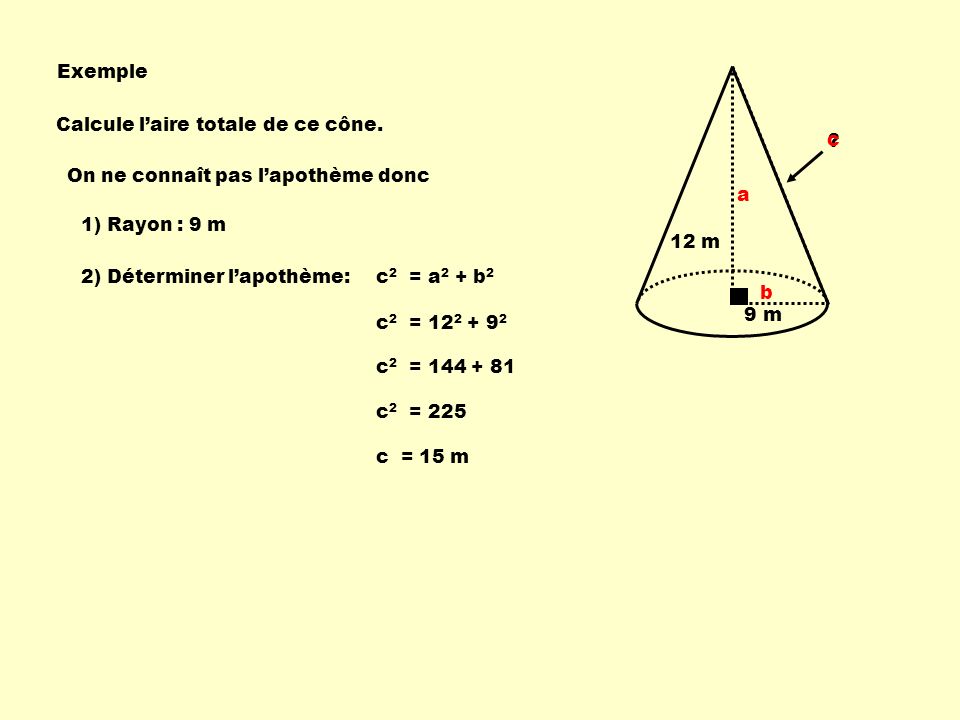 Exemple Calcule l’aire totale de ce cône. c. b. a. On ne connaît pas l’apothème donc. 1) Rayon : 9 m.