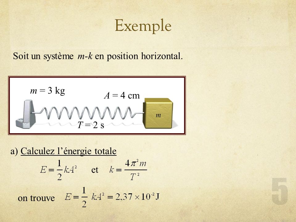 Exemple Soit un système m-k en position horizontal. m = 3 kg A = 4 cm