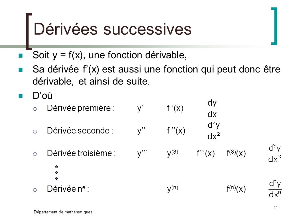 Dérivées successives Soit y = f(x), une fonction dérivable,