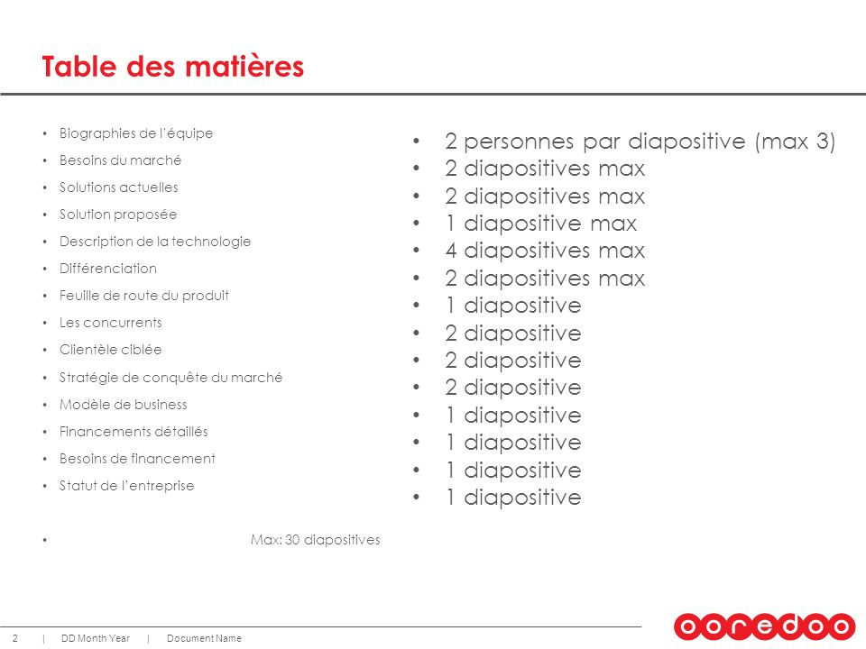 Table des matières 2 personnes par diapositive (max 3)