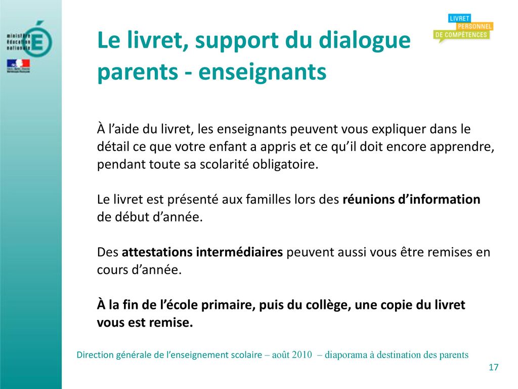 Le livret, support du dialogue parents - enseignants
