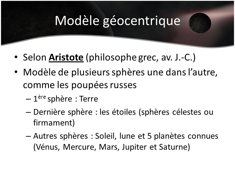 Modèle géocentrique Selon Aristote (philosophe grec, av. J.-C.)