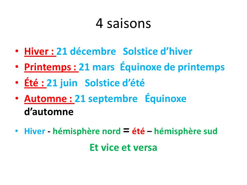 4 saisons Hiver : 21 décembre Solstice d’hiver