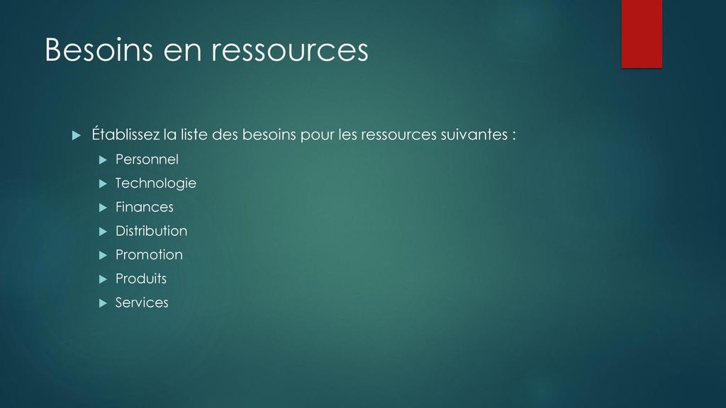 Besoins en ressources Établissez la liste des besoins pour les ressources suivantes : Personnel. Technologie.