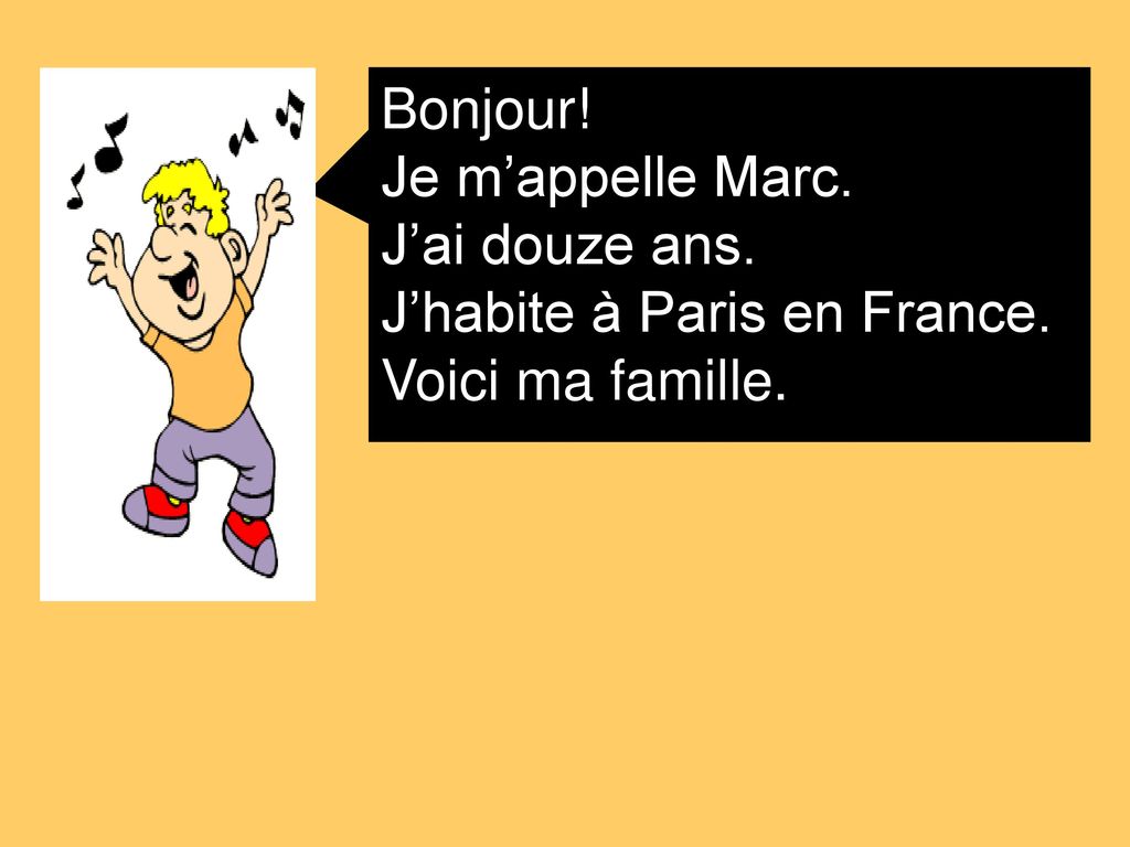 Bonjour! Je m’appelle Marc. J’ai douze ans. J’habite à Paris en France. Voici ma famille.