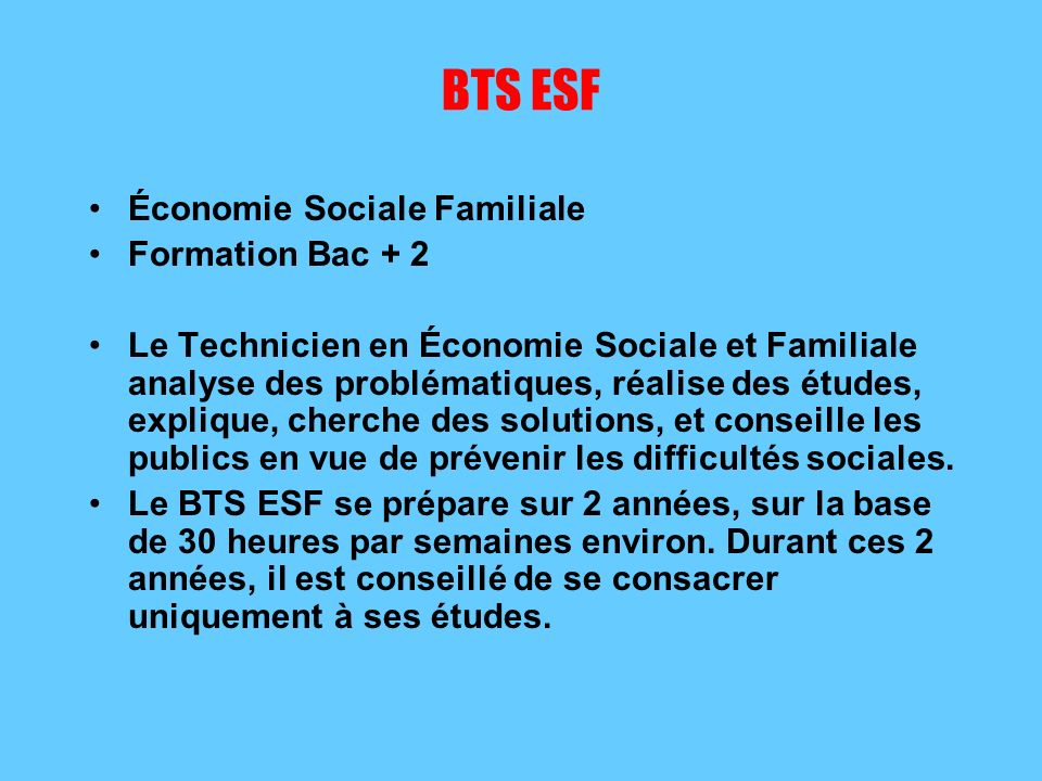 BTS ESF Économie Sociale Familiale Formation Bac + 2
