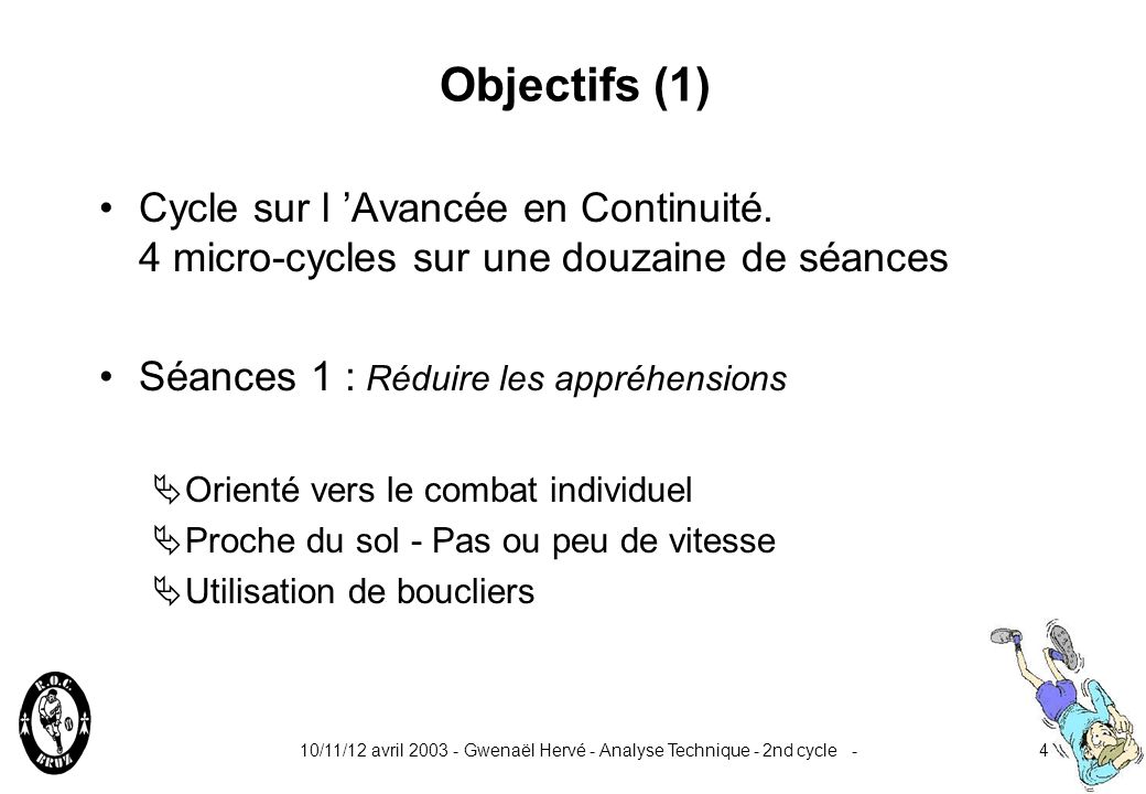 Objectifs (1) Cycle sur l ’Avancée en Continuité. 4 micro-cycles sur une douzaine de séances. Séances 1 : Réduire les appréhensions.
