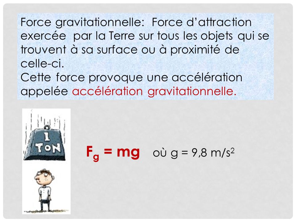 Force gravitationnelle: Force d’attraction exercée par la Terre sur tous les objets qui se trouvent à sa surface ou à proximité de celle-ci.