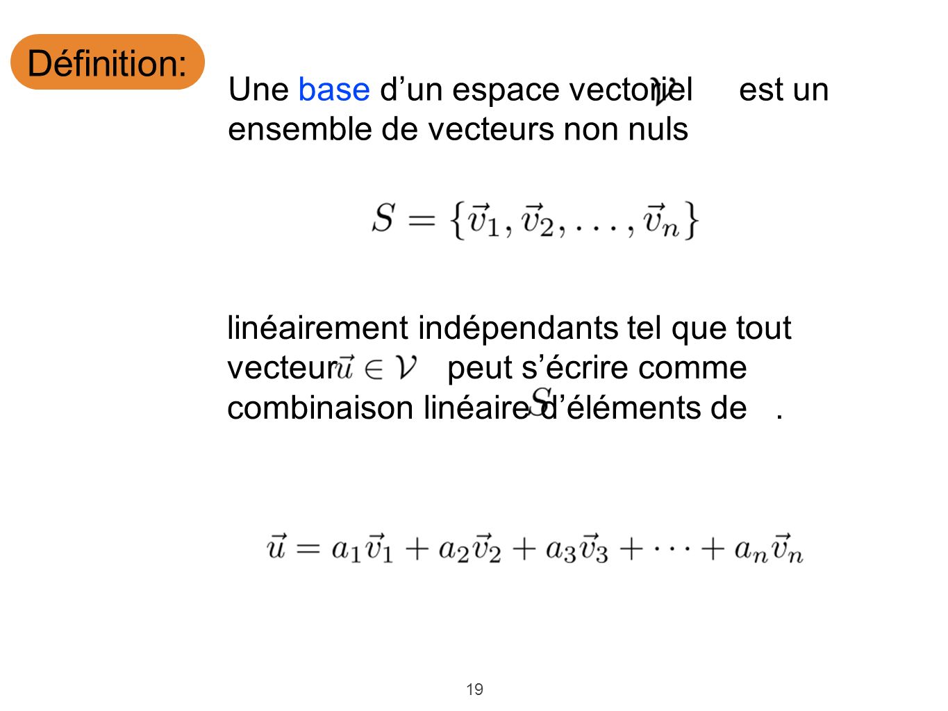 Définition: Une base d’un espace vectoriel est un ensemble de vecteurs non nuls. linéairement indépendants tel que tout.