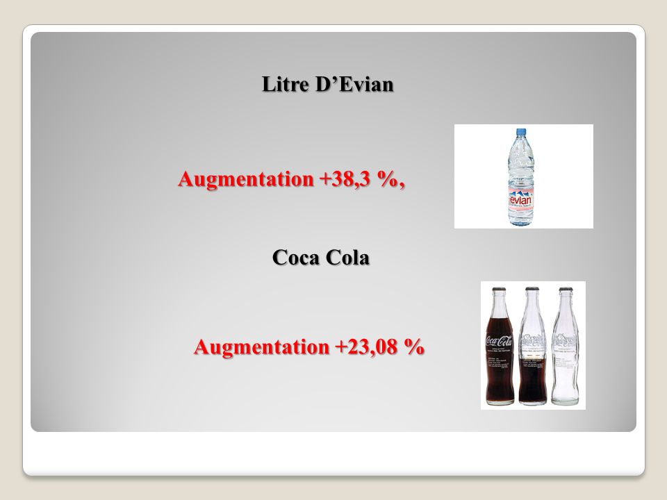 Litre D’Evian Augmentation +38,3 %, Coca Cola Augmentation +23,08 %
