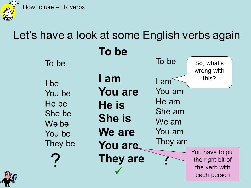 Let’s have a look at some English verbs again To be I am You are