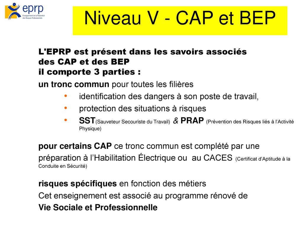Niveau V - CAP et BEP L EPRP est présent dans les savoirs associés des CAP et des BEP il comporte 3 parties :