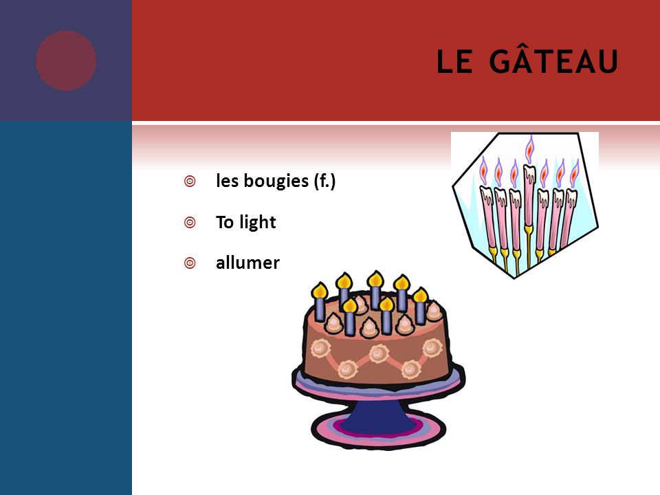 le gâteau les bougies (f.) To light allumer