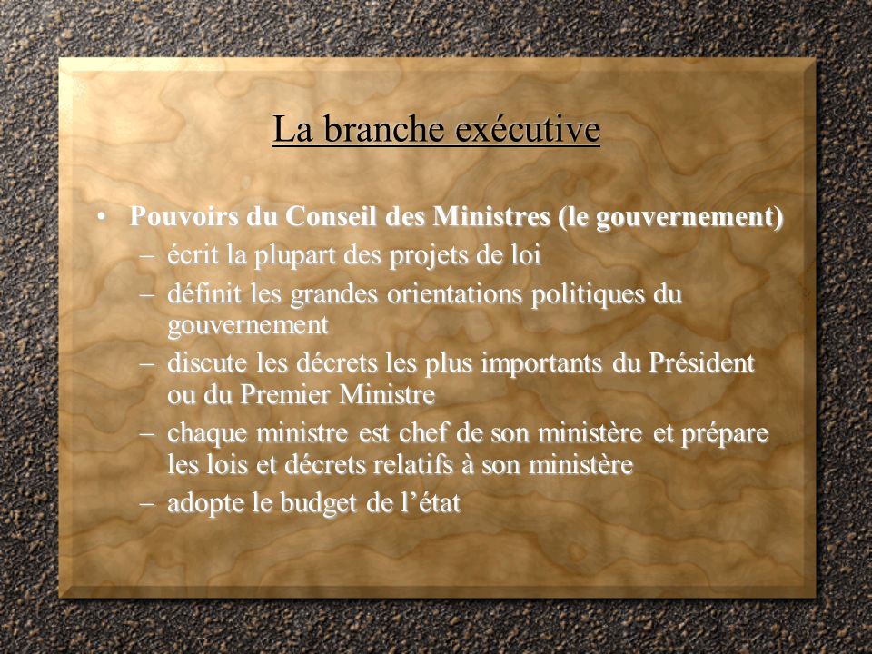 La branche exécutive Pouvoirs du Conseil des Ministres (le gouvernement) écrit la plupart des projets de loi.
