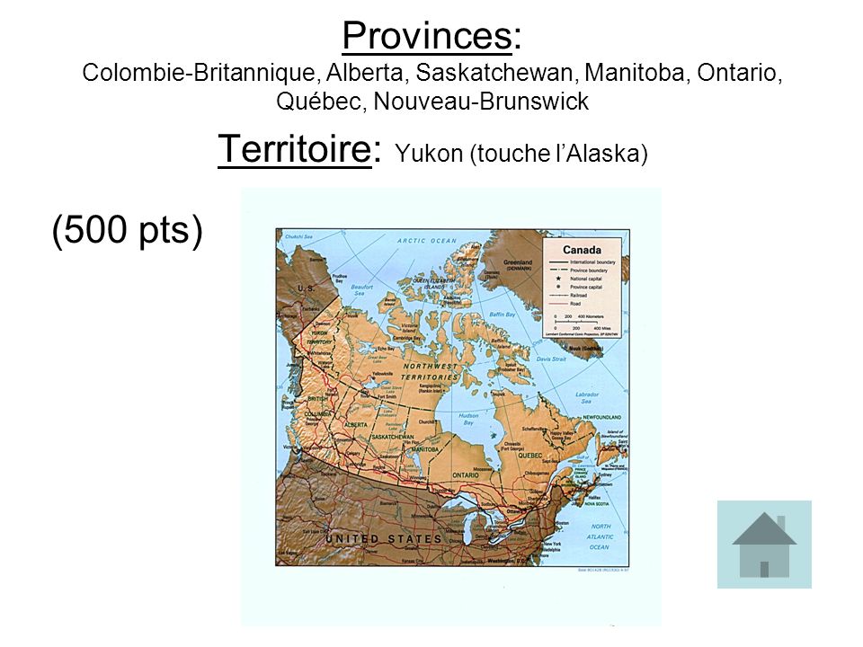 Provinces: Colombie-Britannique, Alberta, Saskatchewan, Manitoba, Ontario, Québec, Nouveau-Brunswick Territoire: Yukon (touche l’Alaska)