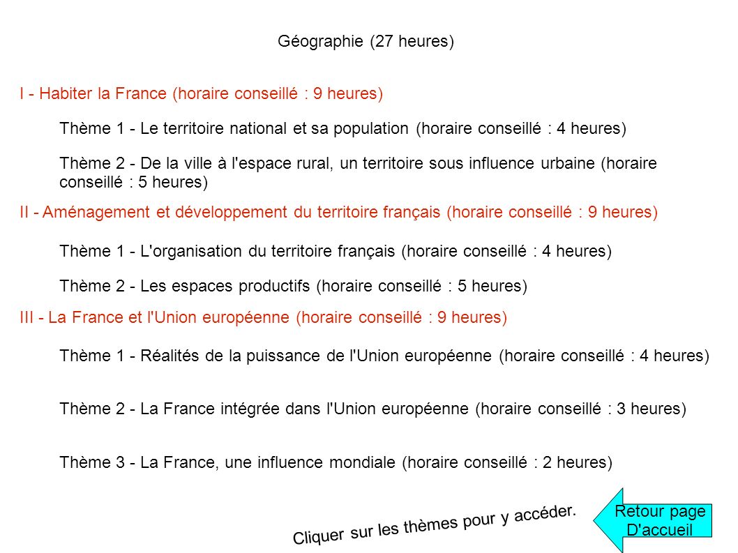 Géographie (27 heures) I - Habiter la France (horaire conseillé : 9 heures)