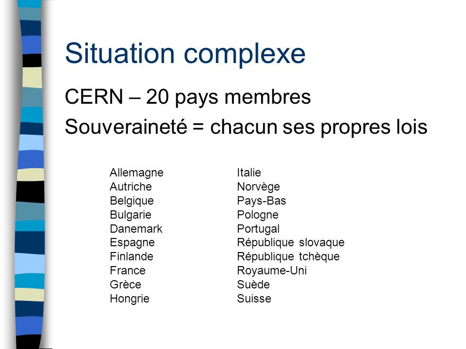 Situation complexe CERN – 20 pays membres Souveraineté = chacun ses propres lois Allemagne. Italie.