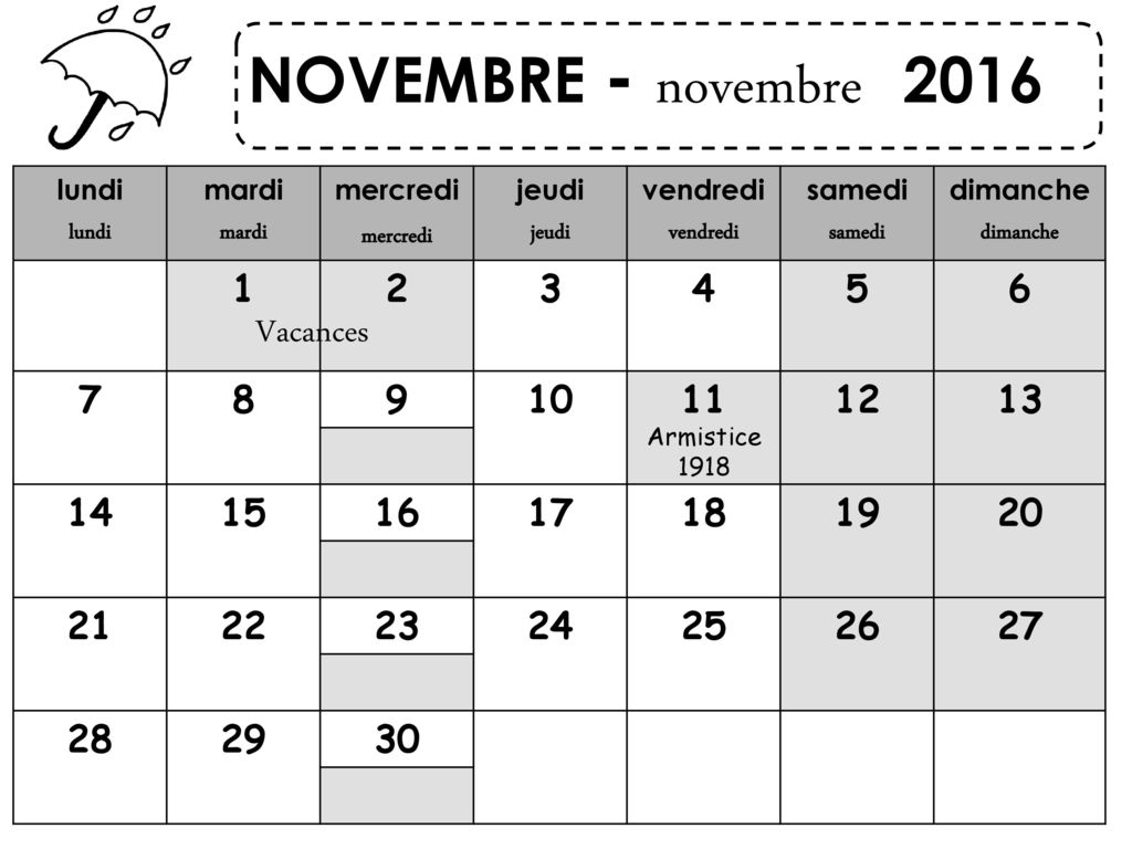 NOVEMBRE - novembre 2016 Vacances