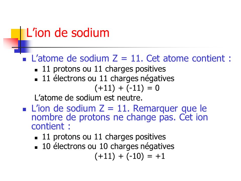 L’ion de sodium L’atome de sodium Z = 11. Cet atome contient :
