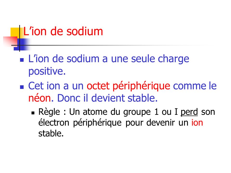 L’ion de sodium L’ion de sodium a une seule charge positive.