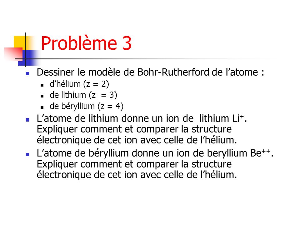 Problème 3 Dessiner le modèle de Bohr-Rutherford de l’atome :