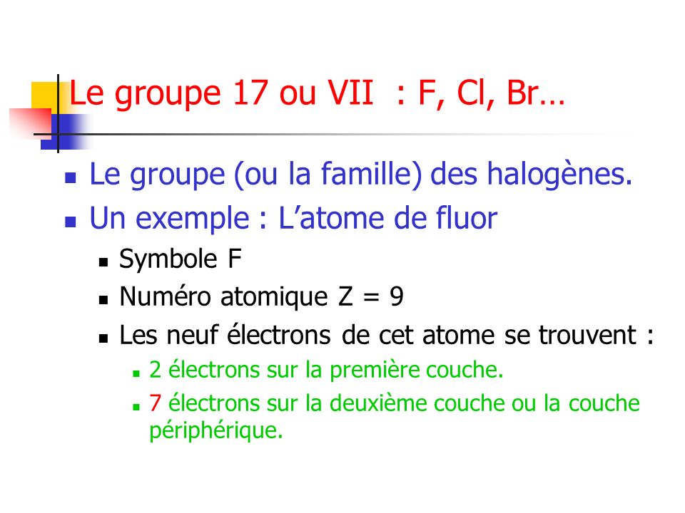 Le groupe 17 ou VII : F, Cl, Br…