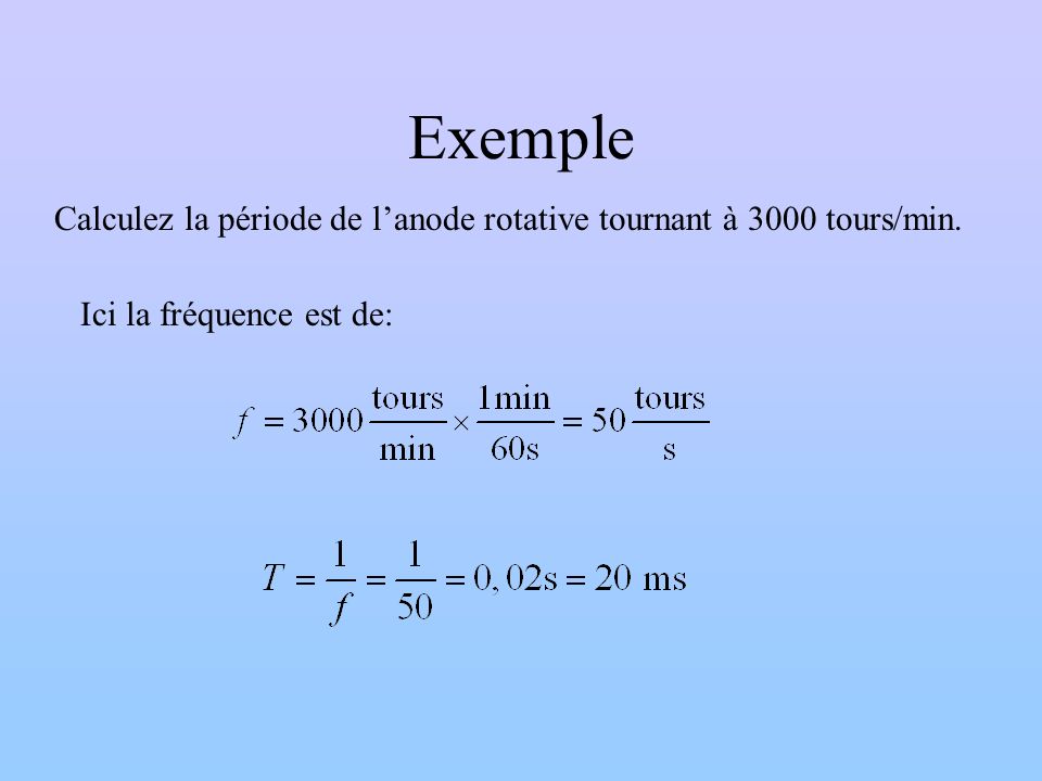 Exemple Calculez la période de l’anode rotative tournant à 3000 tours/min. Ici la fréquence est de: