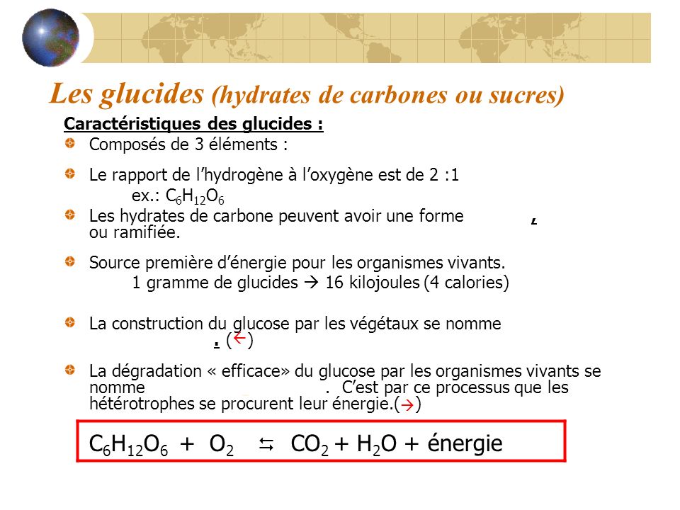 Les glucides (hydrates de carbones ou sucres)