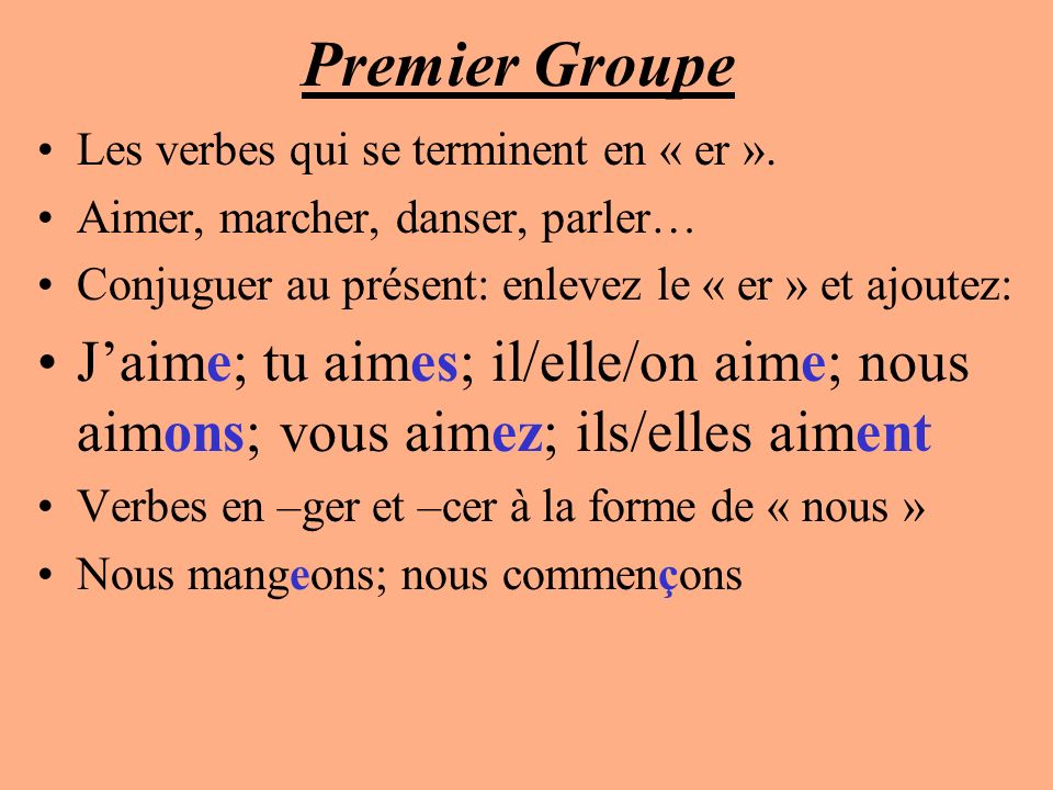 Premier Groupe Les verbes qui se terminent en « er ». Aimer, marcher, danser, parler… Conjuguer au présent: enlevez le « er » et ajoutez: