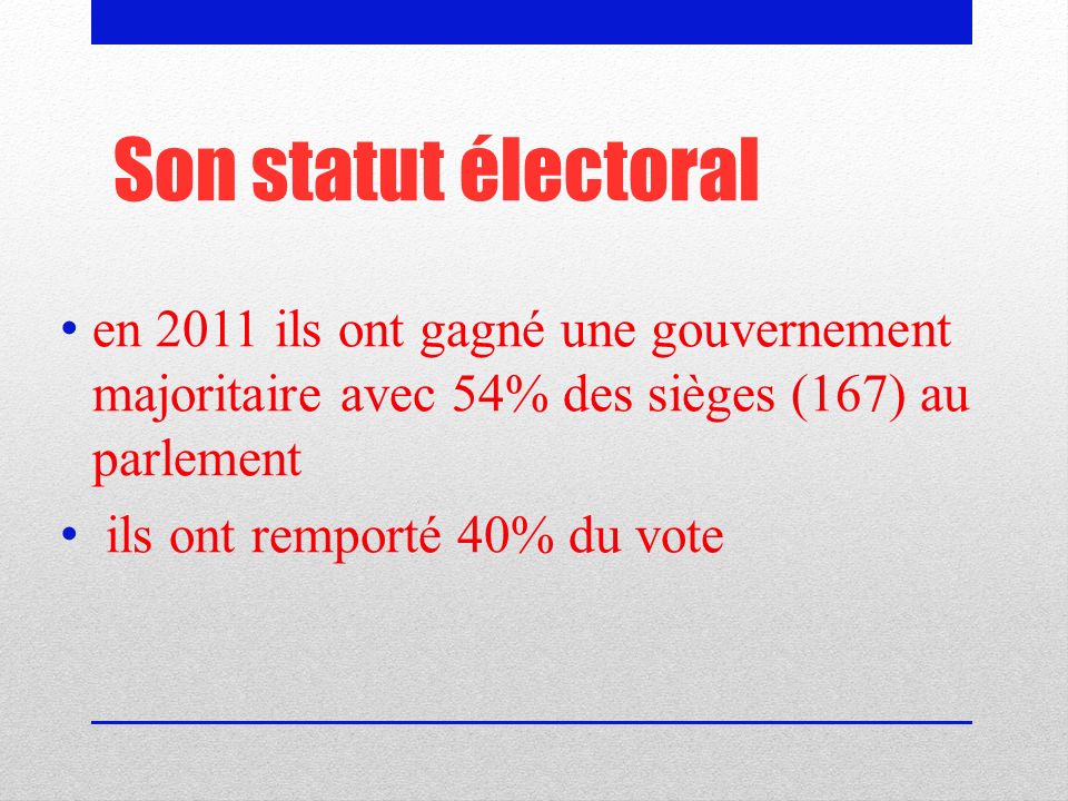 Son statut électoral en 2011 ils ont gagné une gouvernement majoritaire avec 54% des sièges (167) au parlement.