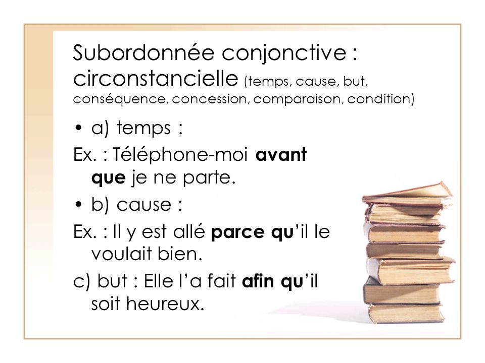 Subordonnée conjonctive : circonstancielle (temps, cause, but, conséquence, concession, comparaison, condition)