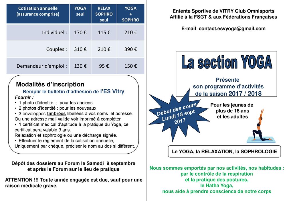 La section YOGA Individuel : 170 € 115 € 210 € Couples : 310 € 390 €