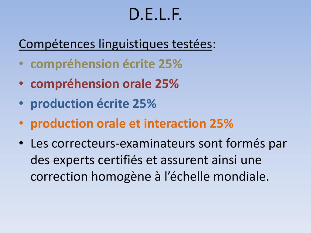 D.E.L.F. Compétences linguistiques testées: compréhension écrite 25%