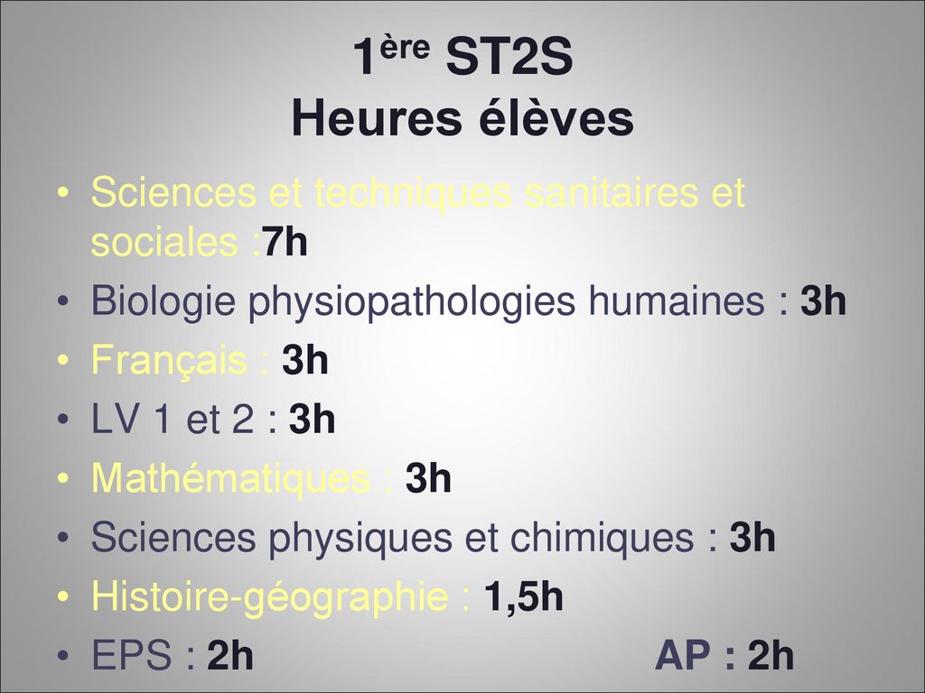 1ère ST2S Heures élèves Sciences et techniques sanitaires et sociales :7h. Biologie physiopathologies humaines : 3h.