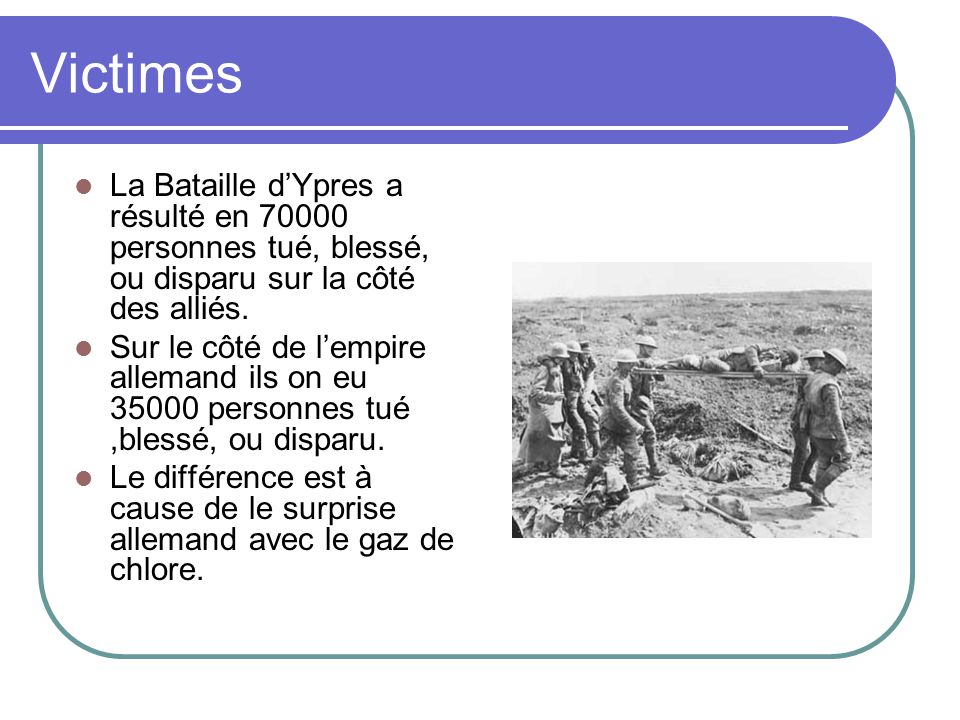 Victimes La Bataille d’Ypres a résulté en personnes tué, blessé, ou disparu sur la côté des alliés.