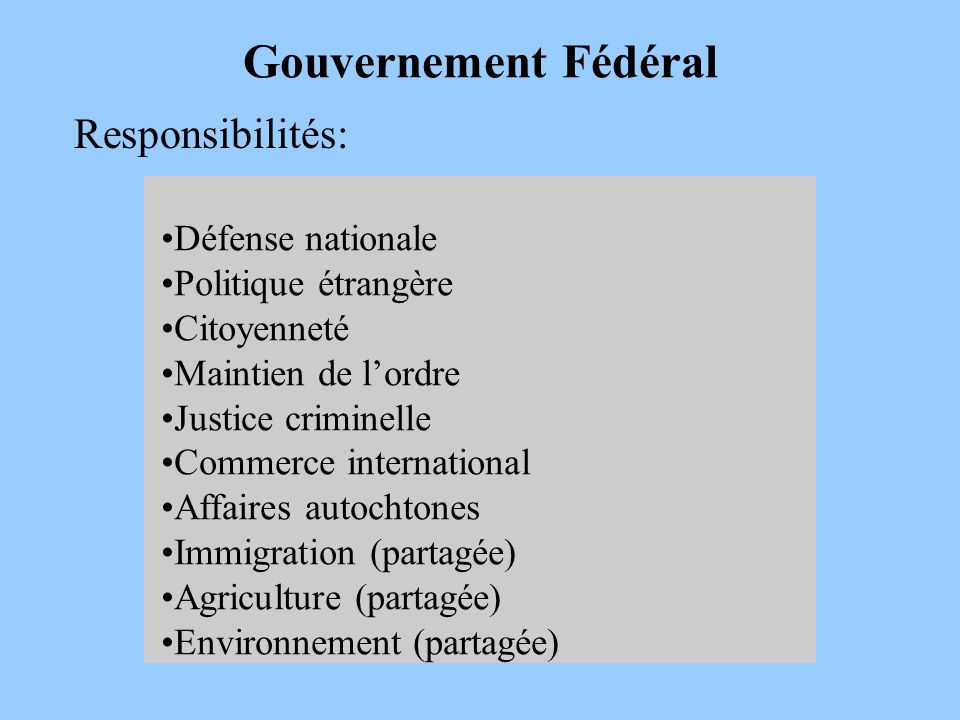 Gouvernement Fédéral Responsibilités: Défense nationale