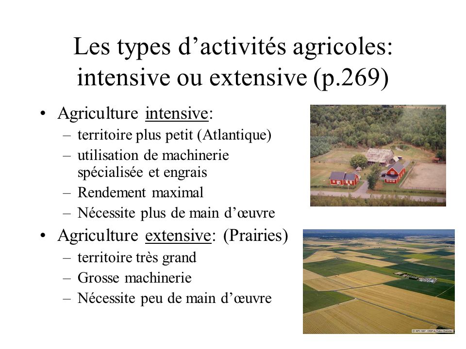 Les types d’activités agricoles: intensive ou extensive (p.269)