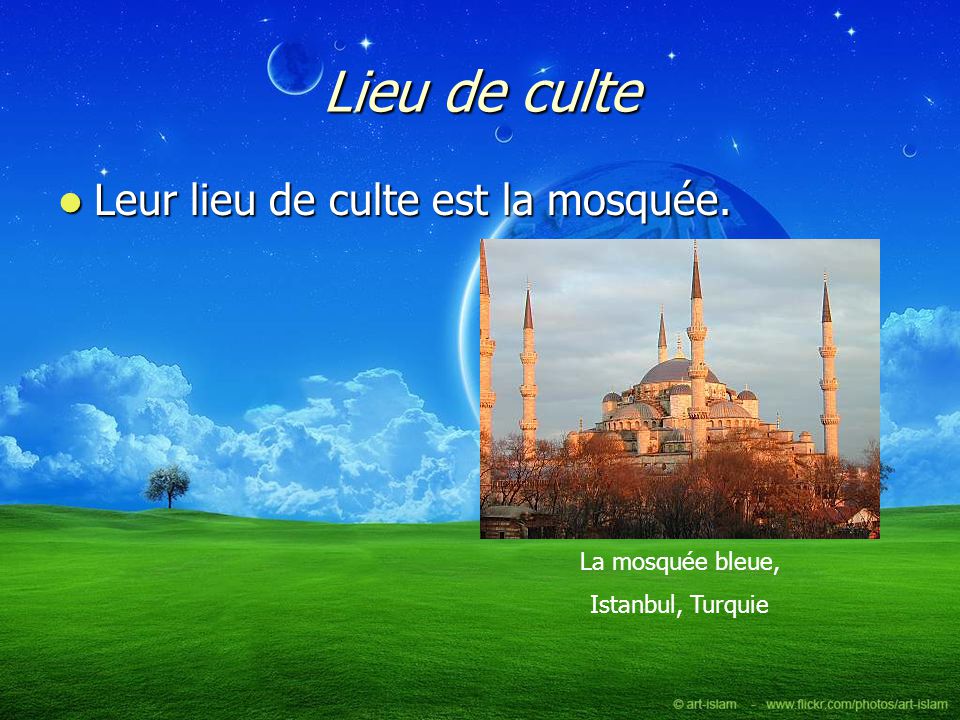 Lieu de culte Leur lieu de culte est la mosquée. La mosquée bleue,