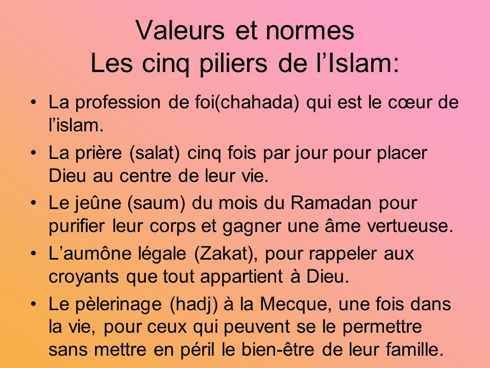 Valeurs et normes Les cinq piliers de l’Islam: