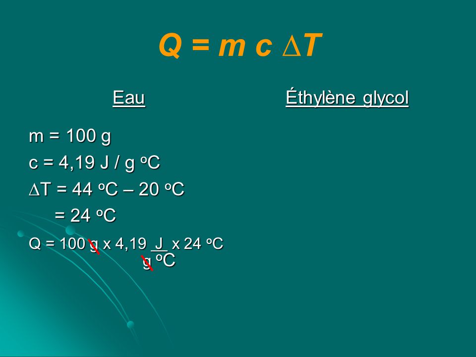 Q = m c ∆T Eau m = 100 g c = 4,19 J / g oC ∆T = 44 oC – 20 oC = 24 oC