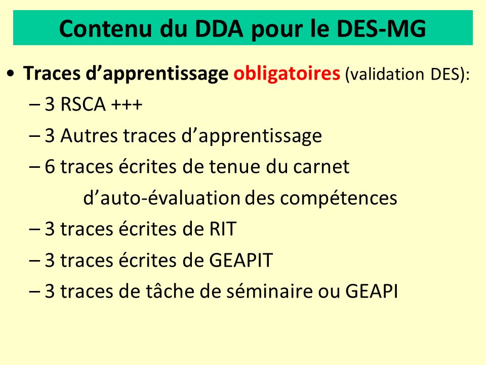 Contenu du DDA pour le DES-MG