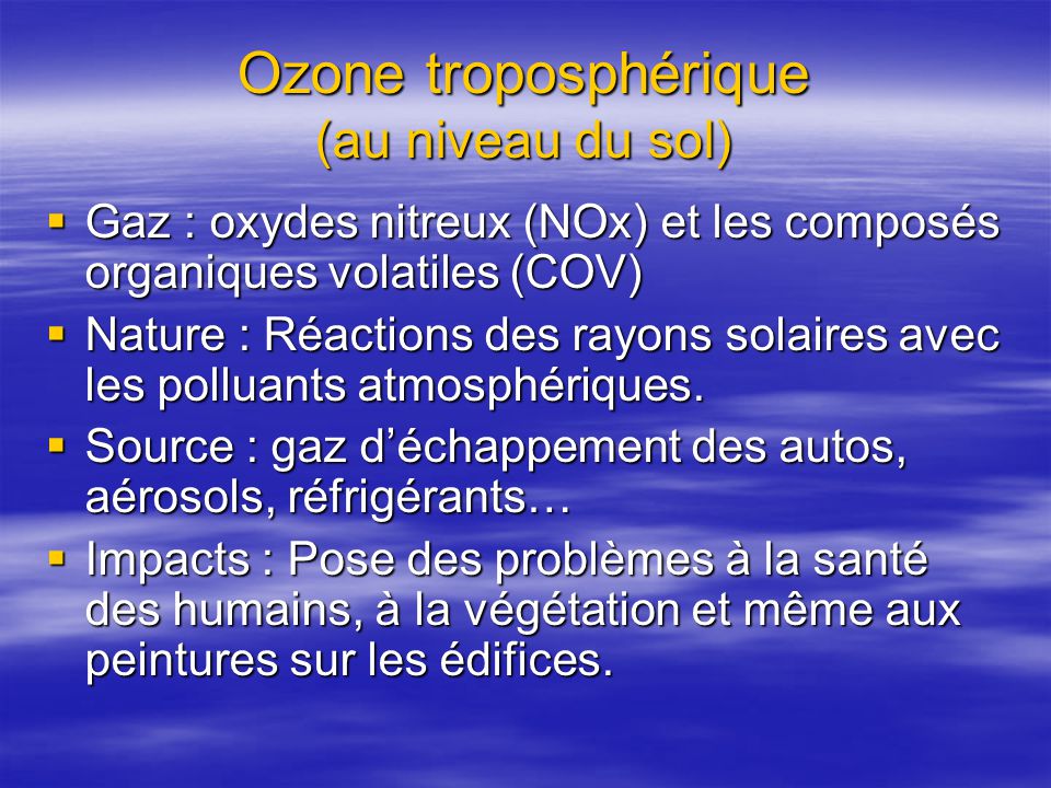 Ozone troposphérique (au niveau du sol)