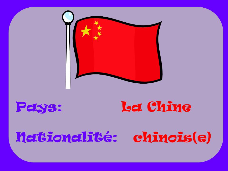 Pays: Nationalité: La Chine chinois(e)