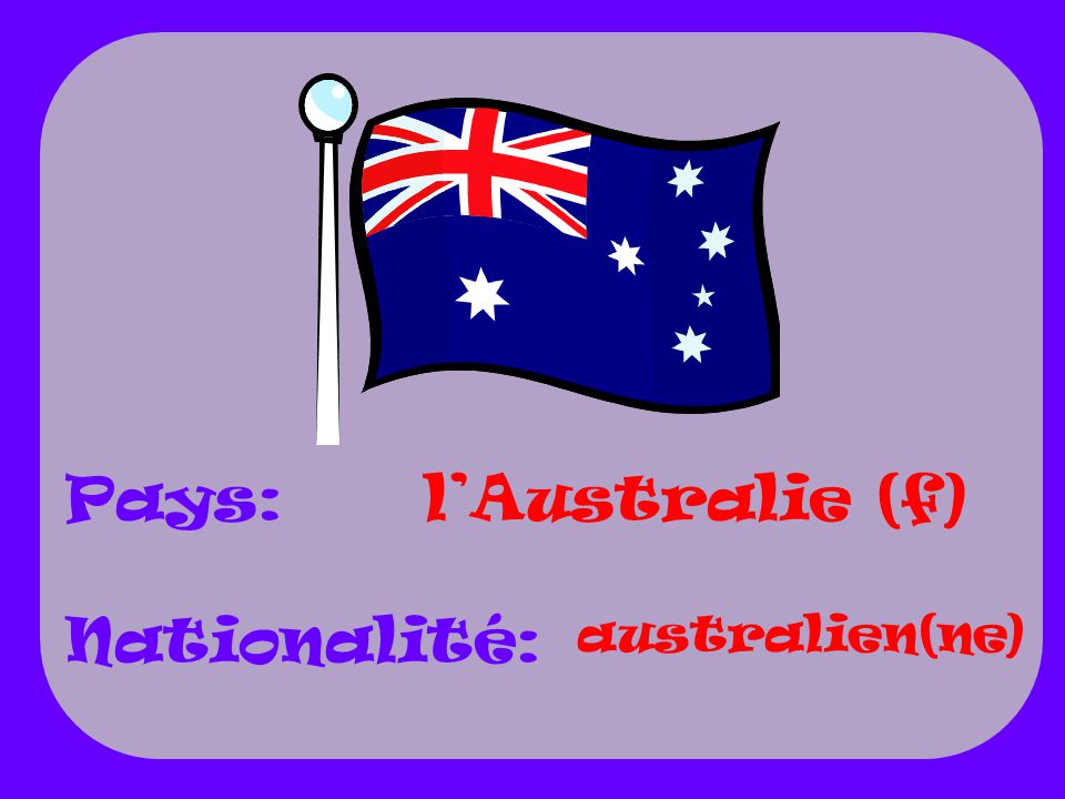 Pays: Nationalité: l’Australie (f) australien(ne)