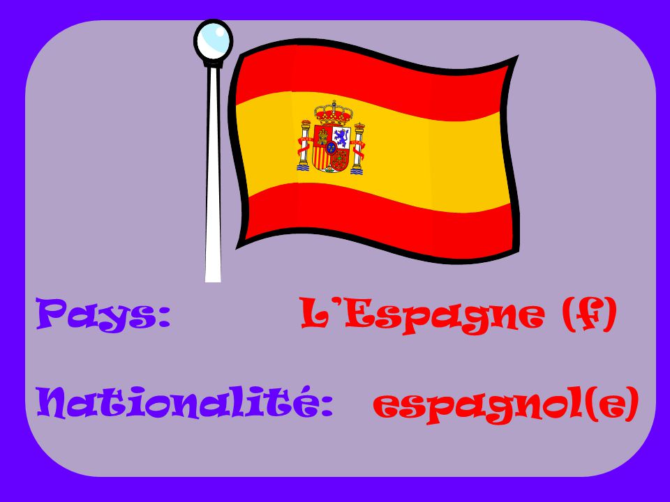 Pays: Nationalité: L’Espagne (f) espagnol(e)