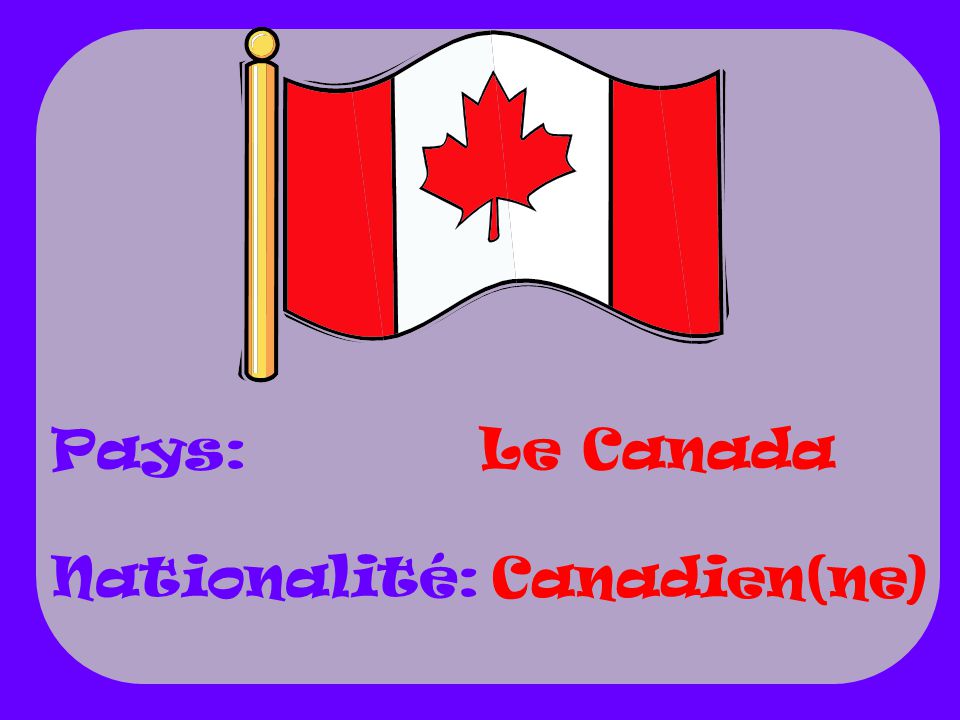 Pays: Nationalité: Le Canada Canadien(ne)