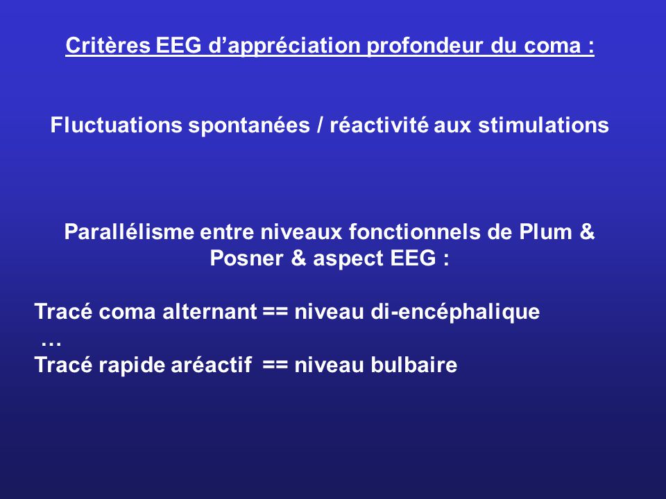Critères EEG d’appréciation profondeur du coma :