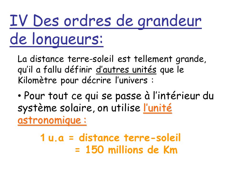 1 u.a = distance terre-soleil = 150 millions de Km